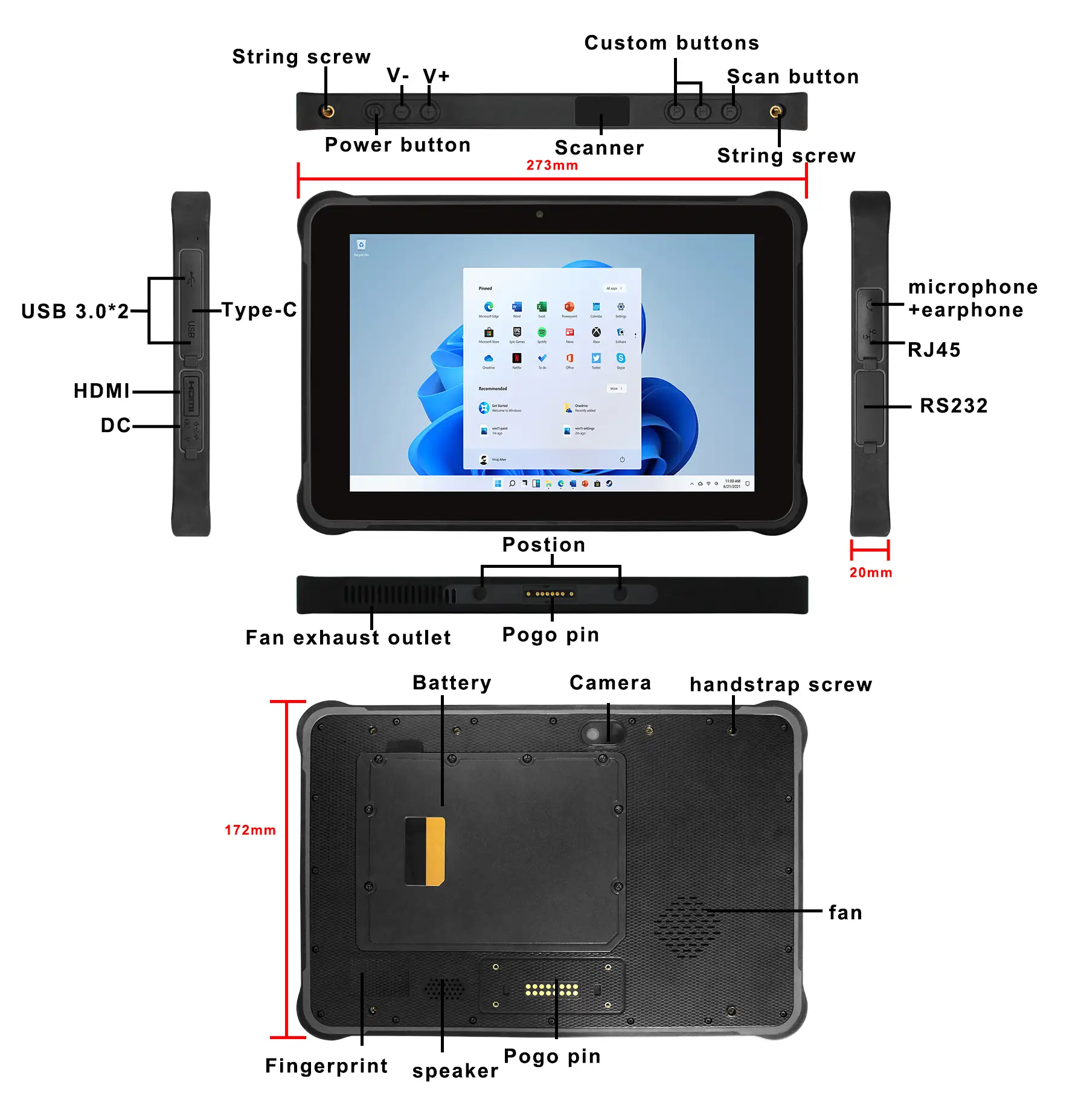 10.1 inch I7-1255U windows 11 Rugged Tablet 32GB 1TB